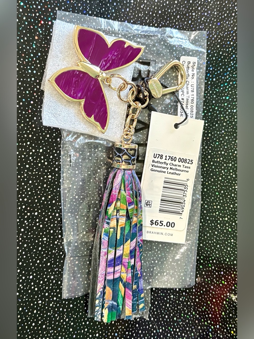 Brahmin Visionary Purple Enamel Butterfly Tassel Keychain